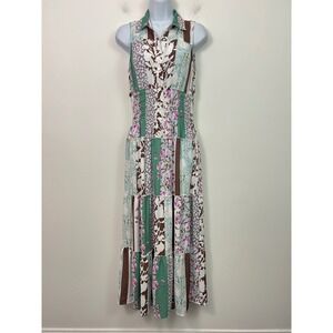 Figueroa & Flower Womens Small Green Patchwork Floral Smocked Maxi Dress